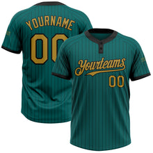 Load image into Gallery viewer, Custom Teal Black Pinstripe Old Gold Two-Button Unisex Softball Jersey

