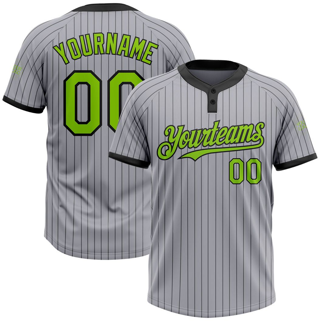 Custom Gray Black Pinstripe Neon Green Two-Button Unisex Softball Jersey