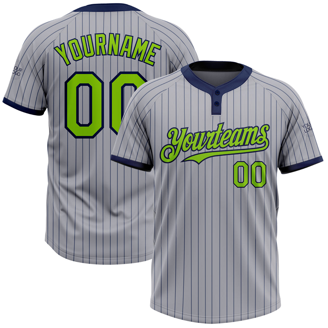 Custom Gray Navy Pinstripe Neon Green Two-Button Unisex Softball Jersey