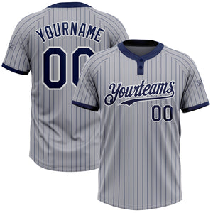 Custom Gray Navy Pinstripe White Two-Button Unisex Softball Jersey