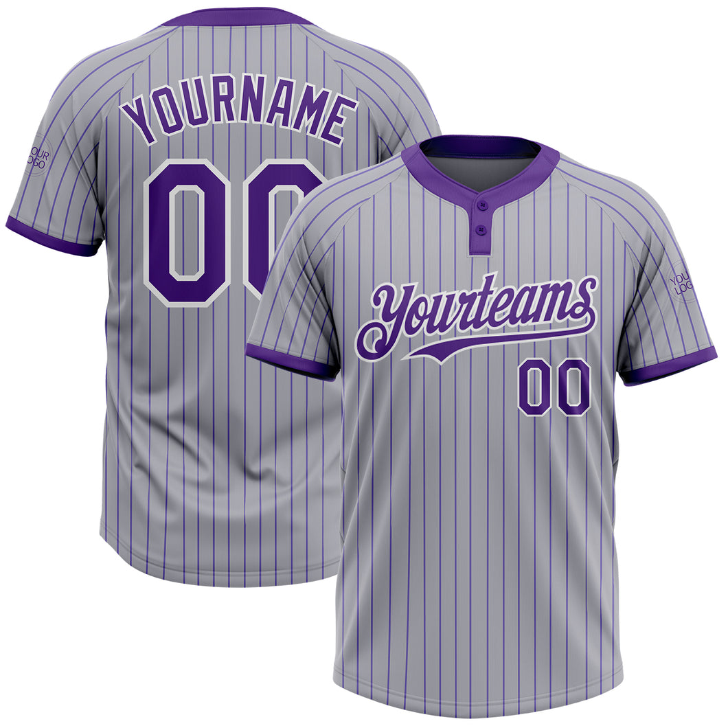 Custom Gray Purple Pinstripe White Two-Button Unisex Softball Jersey