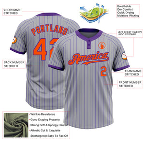 Custom Gray Purple Pinstripe Orange Two-Button Unisex Softball Jersey