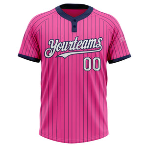 Custom Pink Navy Pinstripe White Two-Button Unisex Softball Jersey