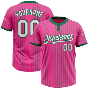 Custom Pink Kelly Green Pinstripe White Two-Button Unisex Softball Jersey