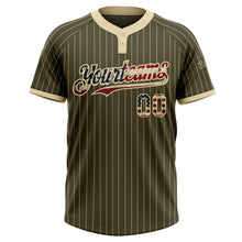 Load image into Gallery viewer, Custom Olive Cream Pinstripe Vintage USA Flag Salute To Service Two-Button Unisex Softball Jersey
