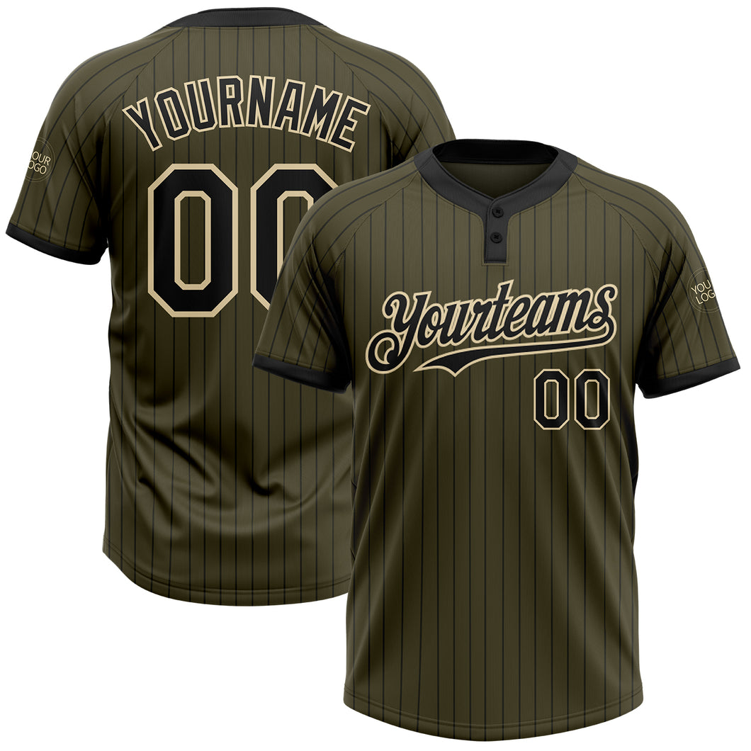 Custom Olive Black Pinstripe Cream Salute To Service Two-Button Unisex Softball Jersey