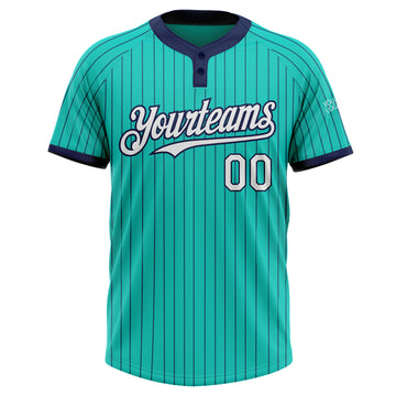 Custom Aqua Navy Pinstripe White Two-Button Unisex Softball Jersey