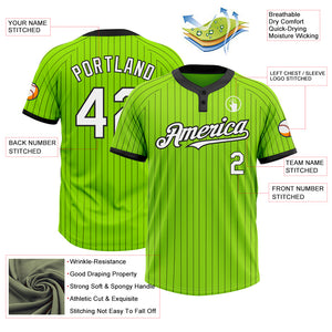 Custom Neon Green Black Pinstripe White Two-Button Unisex Softball Jersey