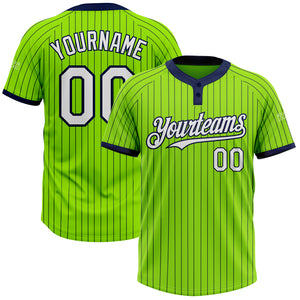 Custom Neon Green Navy Pinstripe White Two-Button Unisex Softball Jersey