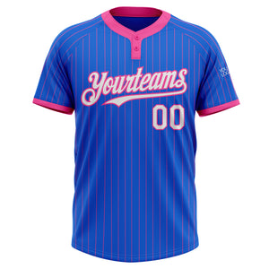 Custom Thunder Blue Pink Pinstripe White Two-Button Unisex Softball Jersey