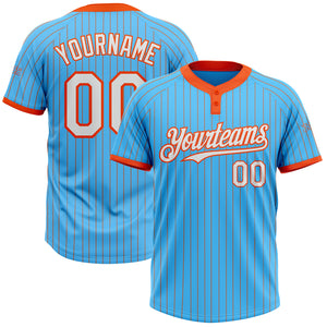 Custom Sky Blue Orange Pinstripe White Two-Button Unisex Softball Jersey