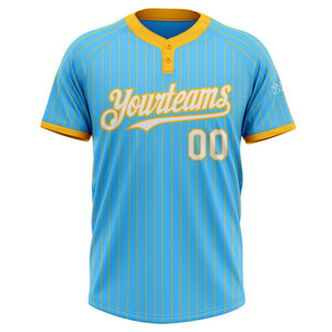 Custom Sky Blue Gold Pinstripe White Two-Button Unisex Softball Jersey