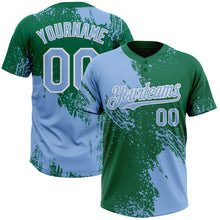 Load image into Gallery viewer, Custom Light Blue Kelly Green-White 3D Pattern Abstract Brush Stroke Two-Button Unisex Softball Jersey
