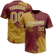 Load image into Gallery viewer, Custom Old Gold Burgundy-White 3D Pattern Abstract Brush Stroke Two-Button Unisex Softball Jersey
