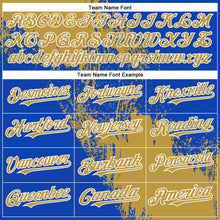 Load image into Gallery viewer, Custom Old Gold Thunder Blue-White 3D Pattern Abstract Brush Stroke Two-Button Unisex Softball Jersey
