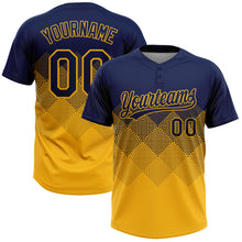 Load image into Gallery viewer, Custom Navy Gold 3D Gradient Square Shape Two-Button Unisex Softball Jersey
