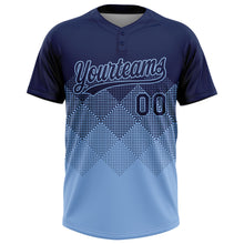 Load image into Gallery viewer, Custom Navy Light Blue 3D Gradient Square Shape Two-Button Unisex Softball Jersey
