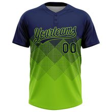 Load image into Gallery viewer, Custom Navy Neon Green 3D Gradient Square Shape Two-Button Unisex Softball Jersey
