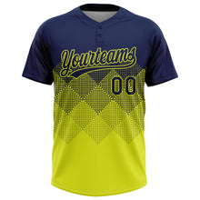 Load image into Gallery viewer, Custom Navy Neon Yellow 3D Gradient Square Shape Two-Button Unisex Softball Jersey
