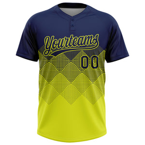 Custom Navy Neon Yellow 3D Gradient Square Shape Two-Button Unisex Softball Jersey