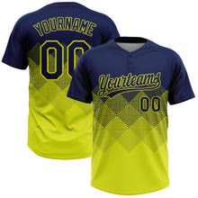 Load image into Gallery viewer, Custom Navy Neon Yellow 3D Gradient Square Shape Two-Button Unisex Softball Jersey
