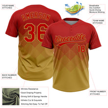 Load image into Gallery viewer, Custom Red Old Gold 3D Gradient Square Shape Two-Button Unisex Softball Jersey
