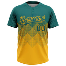 Load image into Gallery viewer, Custom Teal Gold 3D Gradient Square Shape Two-Button Unisex Softball Jersey

