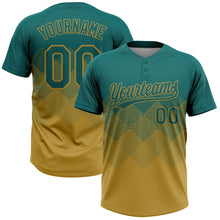 Load image into Gallery viewer, Custom Teal Old Gold 3D Gradient Square Shape Two-Button Unisex Softball Jersey
