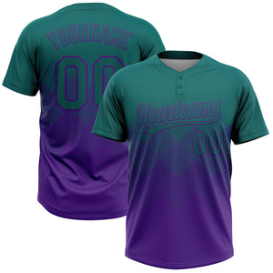 Custom Teal Purple 3D Gradient Square Shape Two-Button Unisex Softball Jersey