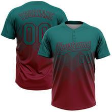 Load image into Gallery viewer, Custom Teal Crimson 3D Gradient Square Shape Two-Button Unisex Softball Jersey
