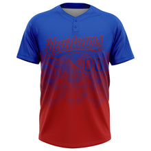 Load image into Gallery viewer, Custom Thunder Blue Red 3D Gradient Square Shape Two-Button Unisex Softball Jersey
