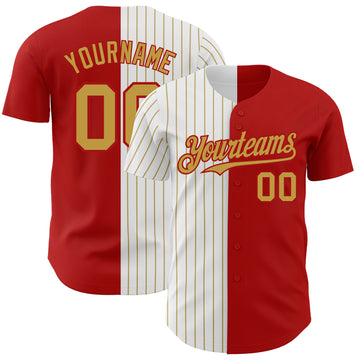 Custom Red White-Old Gold Pinstripe Authentic Split Fashion Baseball Jersey