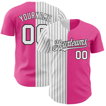 Custom Pink White-Black Pinstripe Authentic Split Fashion Baseball Jersey