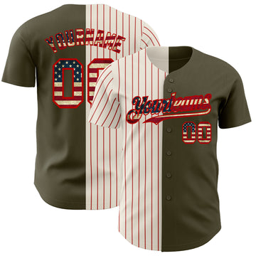 Custom Olive Vintage USA Flag Cream-Red Pinstripe Authentic Split Fashion Salute To Service Baseball Jersey