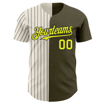 Custom Olive Neon Yellow Cream-Black Pinstripe Authentic Split Fashion Salute To Service Baseball Jersey
