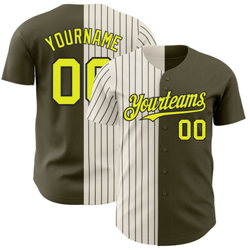 Custom Olive Neon Yellow Cream-Black Pinstripe Authentic Split Fashion Salute To Service Baseball Jersey