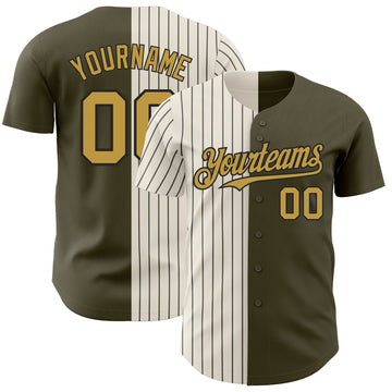 Custom Olive Old Gold Cream-Black Pinstripe Authentic Split Fashion Salute To Service Baseball Jersey