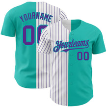 Load image into Gallery viewer, Custom Aqua White-Purple Pinstripe Authentic Split Fashion Baseball Jersey
