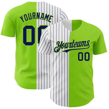 Custom Neon Green White-Navy Pinstripe Authentic Split Fashion Baseball Jersey