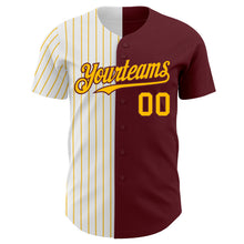 Load image into Gallery viewer, Custom Burgundy White-Gold Pinstripe Authentic Split Fashion Baseball Jersey
