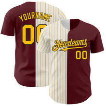 Load image into Gallery viewer, Custom Burgundy Black-Gold Pinstripe Authentic Split Fashion Baseball Jersey
