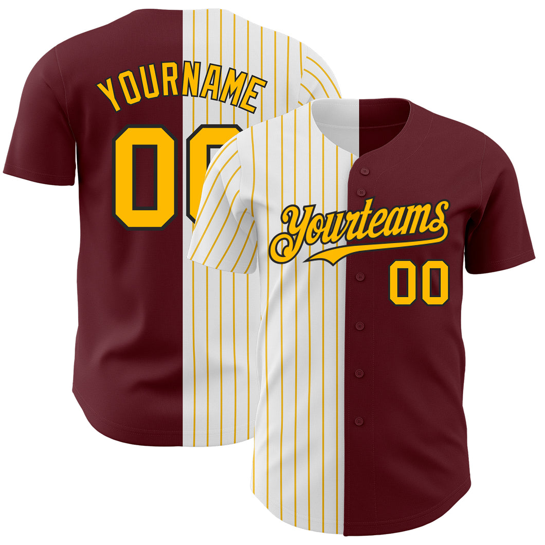 Custom Burgundy Black-Gold Pinstripe Authentic Split Fashion Baseball Jersey