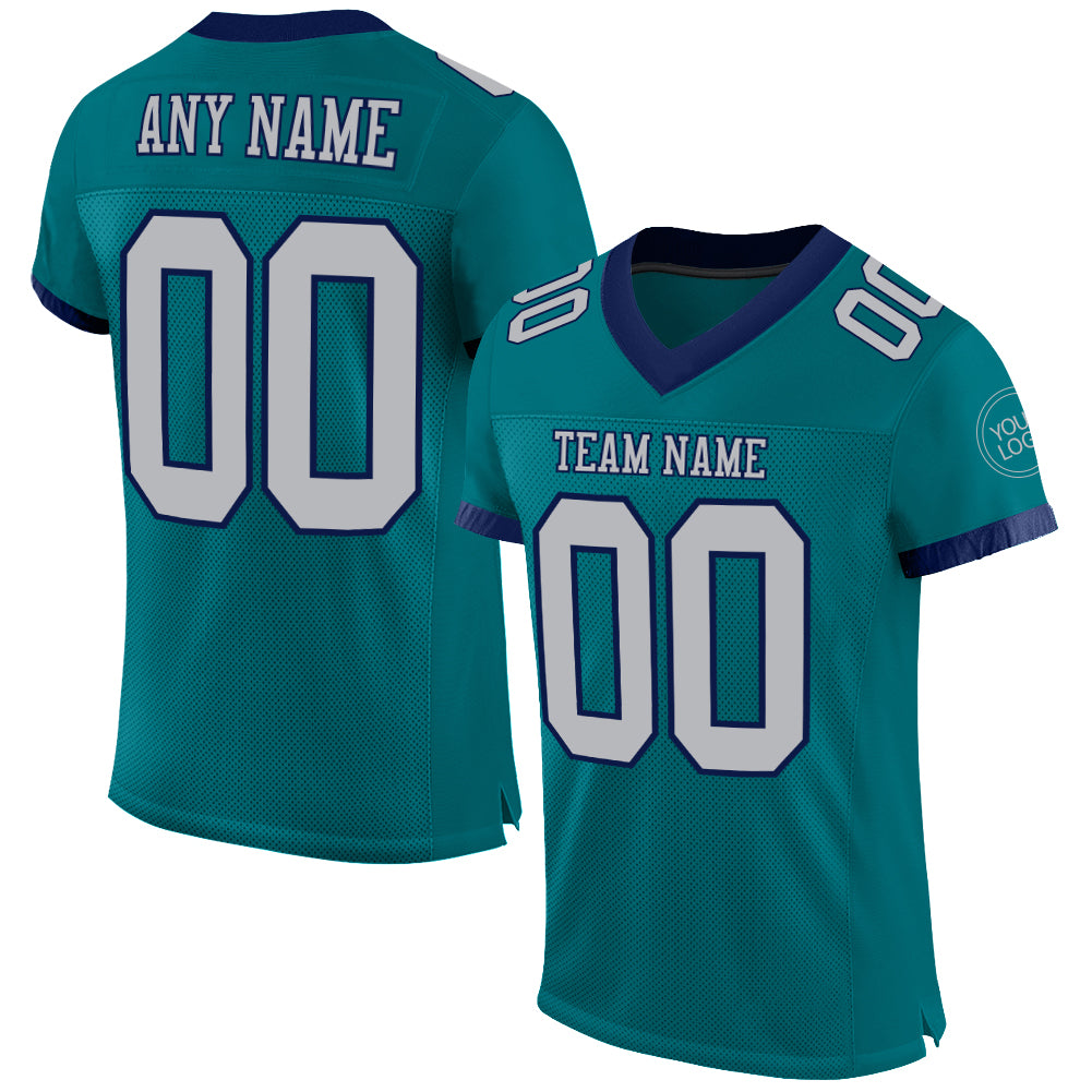 Custom Teal Gray-Navy Mesh Authentic Football Jersey