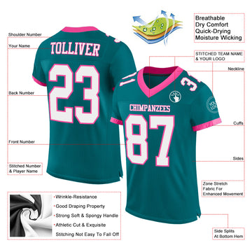 Custom Teal White-Pink Mesh Authentic Football Jersey