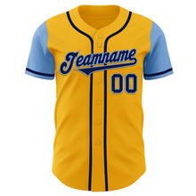 Load image into Gallery viewer, Custom Gold Navy-Light Blue Authentic Two Tone Baseball Jersey
