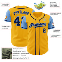 Load image into Gallery viewer, Custom Gold Navy-Light Blue Authentic Two Tone Baseball Jersey

