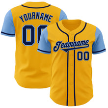 Load image into Gallery viewer, Custom Gold Navy-Light Blue Authentic Two Tone Baseball Jersey
