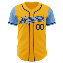 Load image into Gallery viewer, Custom Gold Light Blue-Navy Authentic Two Tone Baseball Jersey
