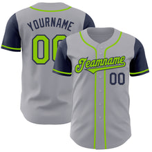 Load image into Gallery viewer, Custom Gray Neon Green-Navy Authentic Two Tone Baseball Jersey
