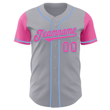 Custom Gray Pink-Light Blue Authentic Two Tone Baseball Jersey